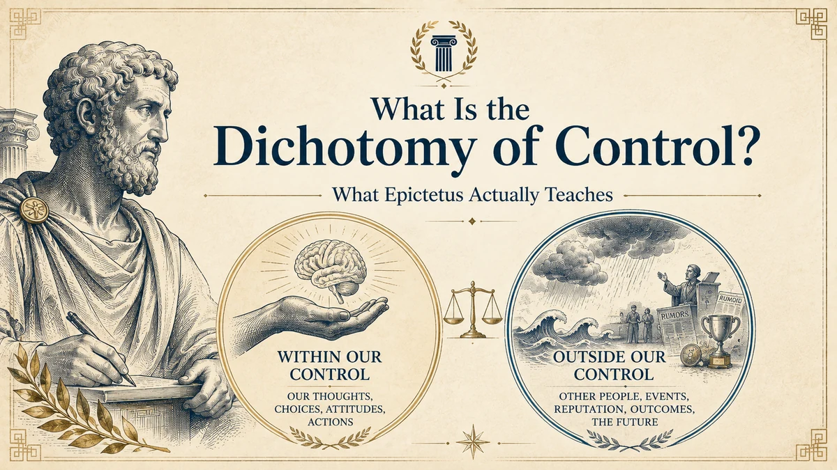 An inner circle of judgment and action surrounded by external events and outcomes